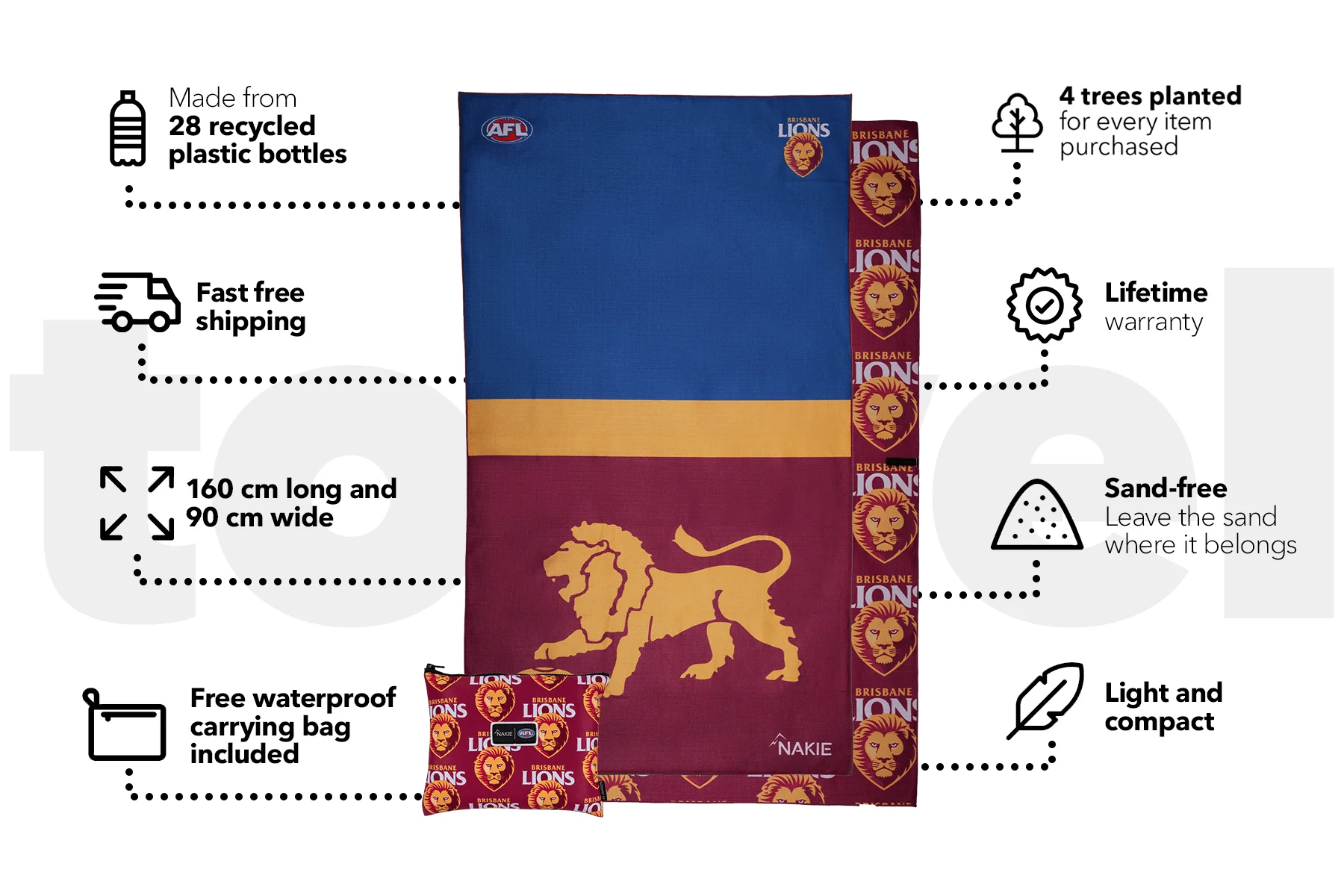 Brisbane Lions - AFL Recycled Sand Free Beach Towel - Image 3