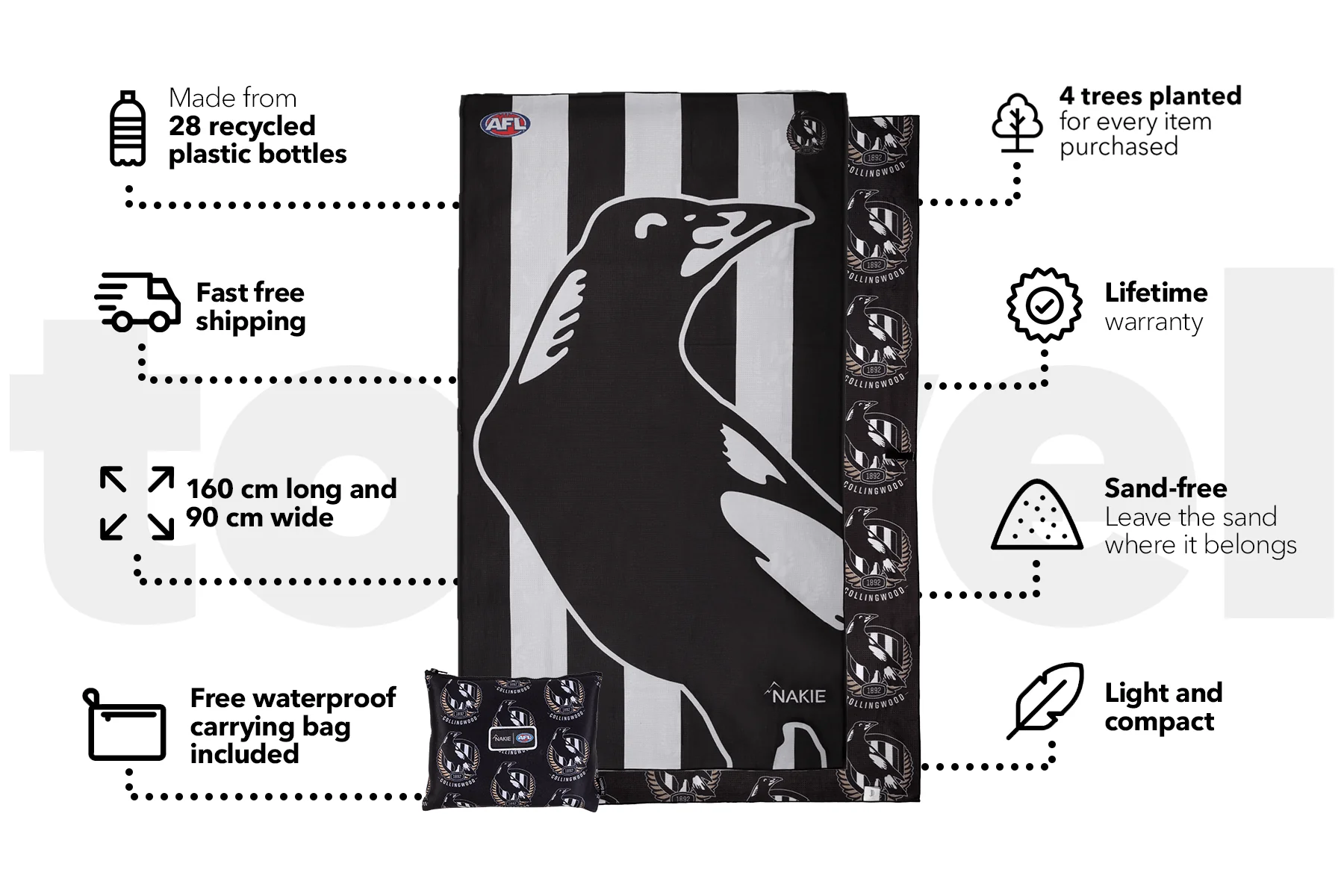 Collingwood Magpies - AFL Recycled Sand Free Beach Towel - Image 3