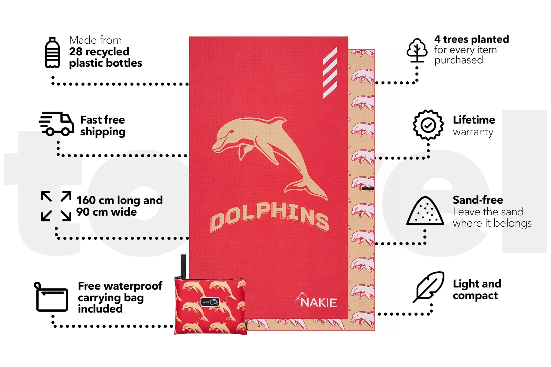 Dolphins - NRL Recycled Sand Free Beach Towel - Image 3