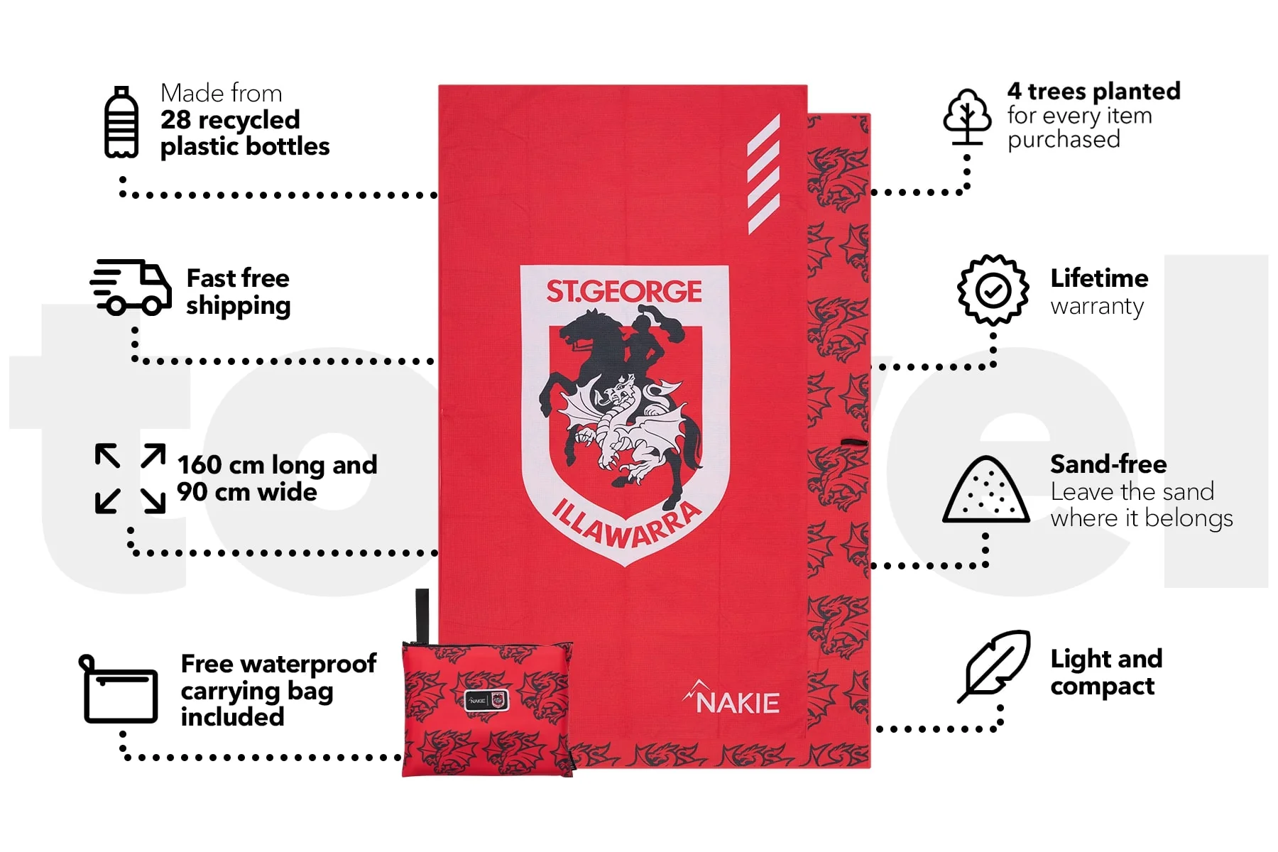 Dragons - NRL Recycled Sand Free Beach Towel - Image 3