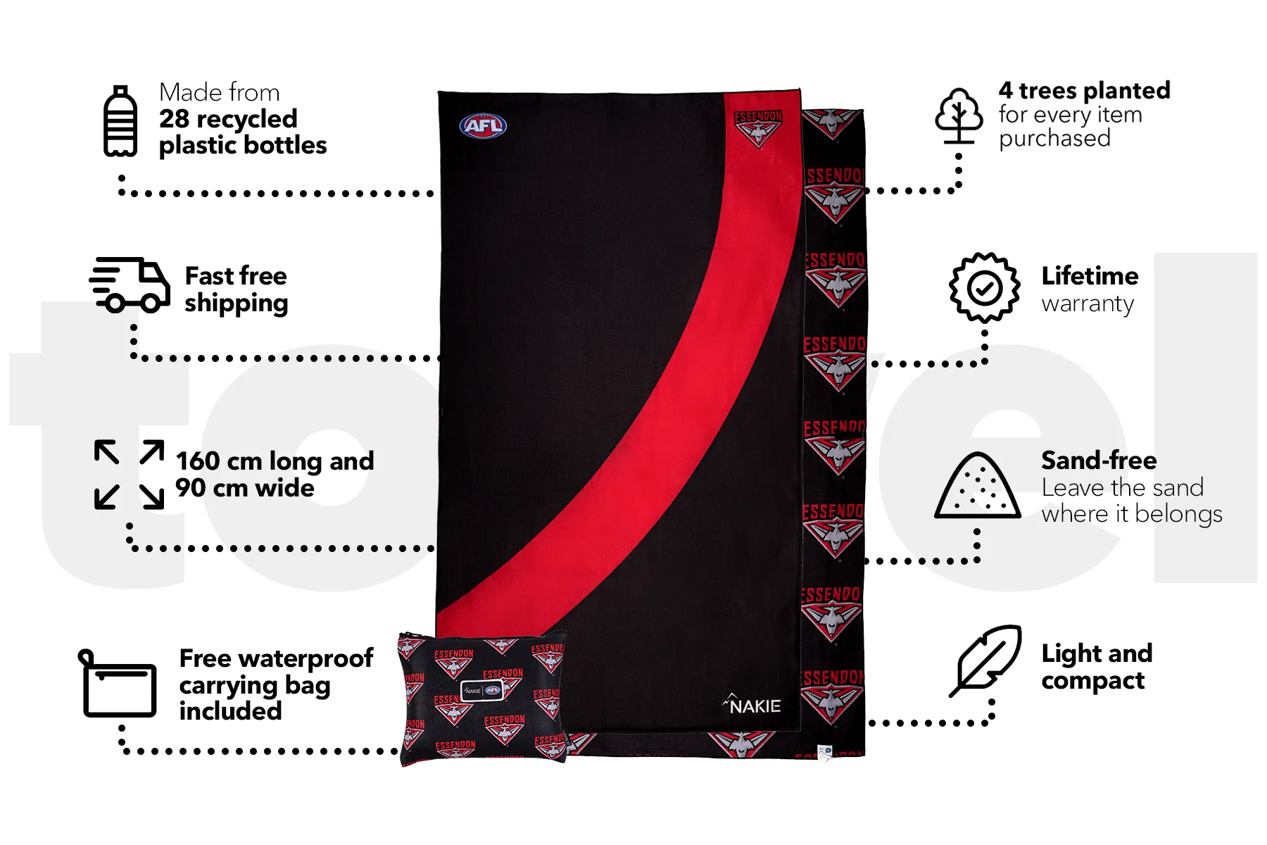 Essendon Bombers - AFL Recycled Sand Free Beach Towel - Image 3