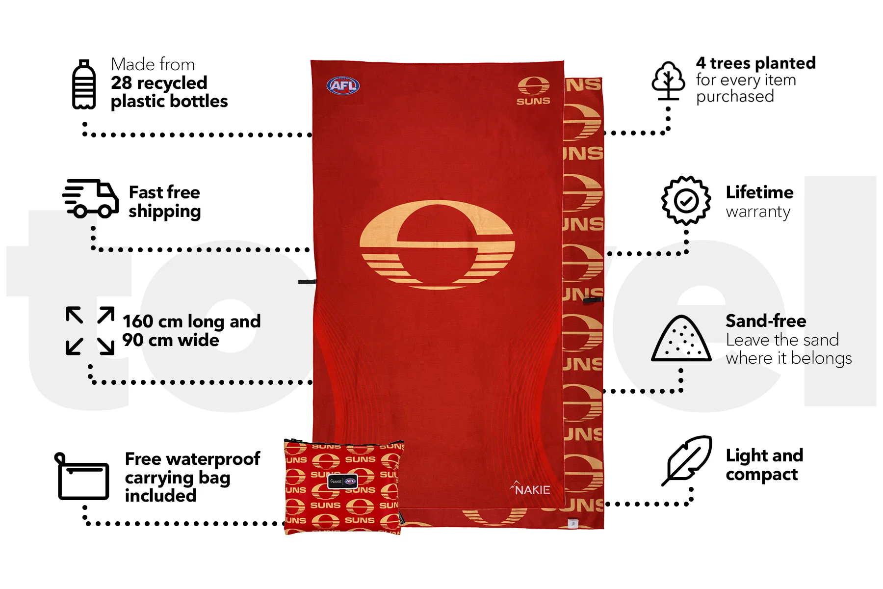 Gold Coast SUNS - AFL Recycled Sand Free Beach Towel - Image 3