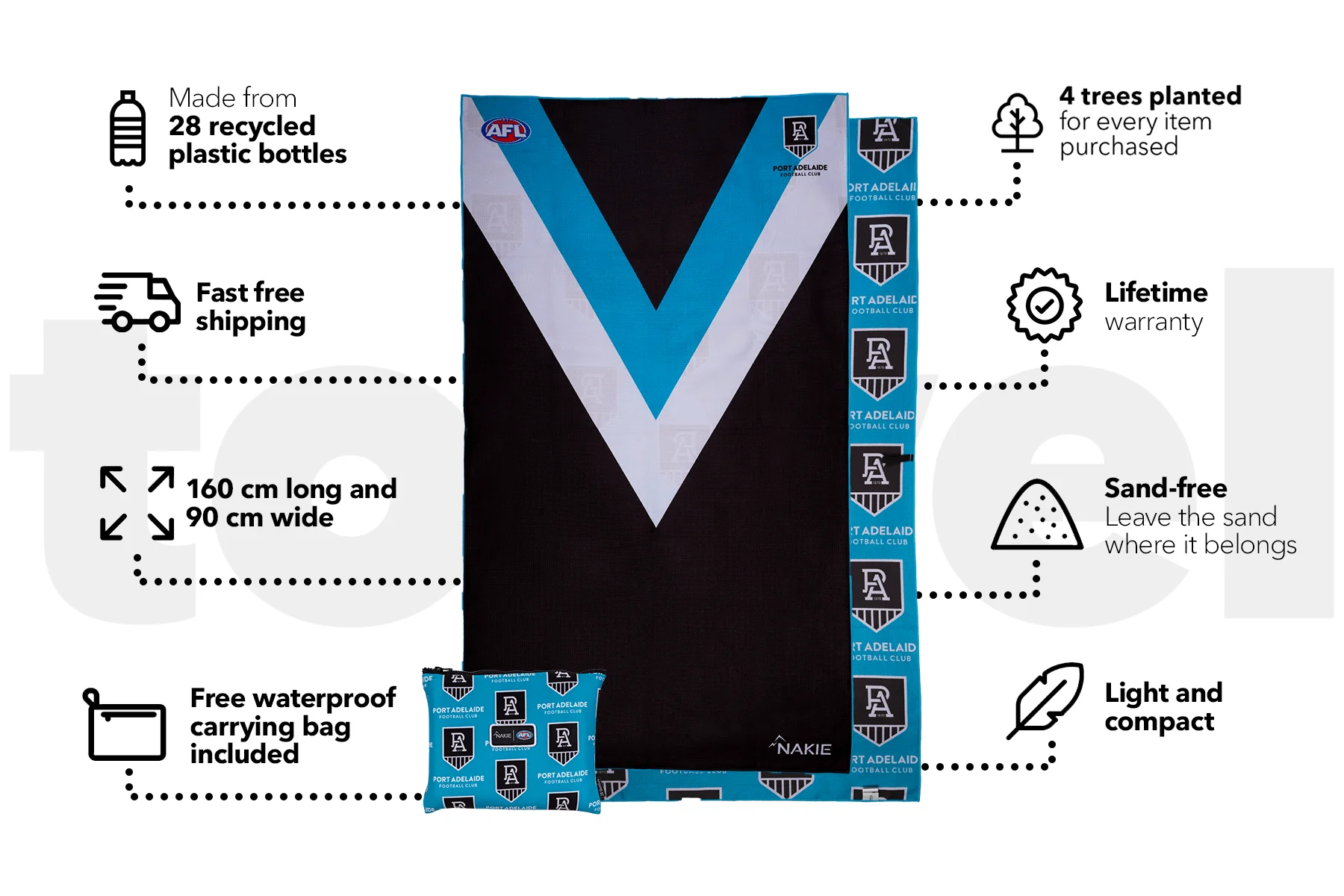 Port Adelaide Power - AFL Recycled Sand Free Beach Towel - Image 3