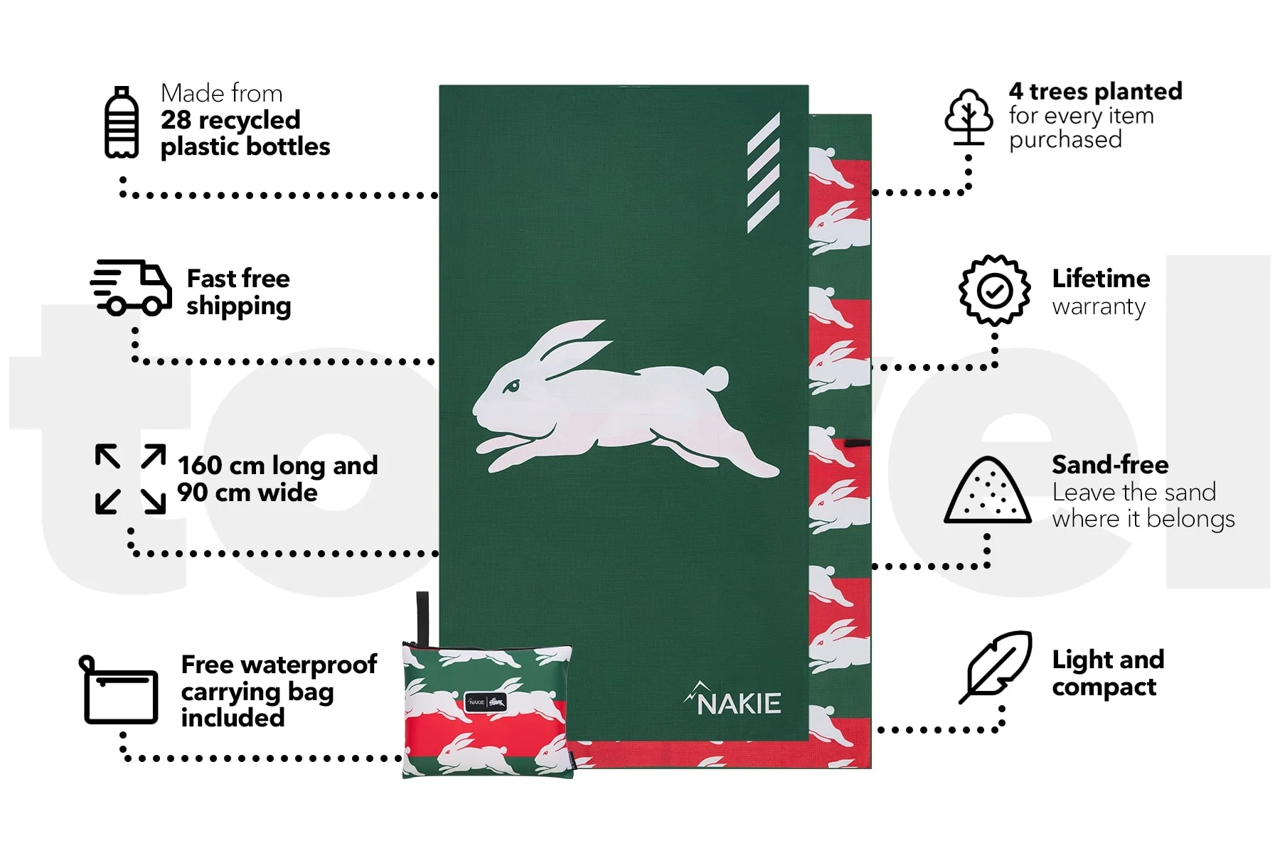 Rabbitohs - NRL Recycled Sand Free Beach Towel - Image 3