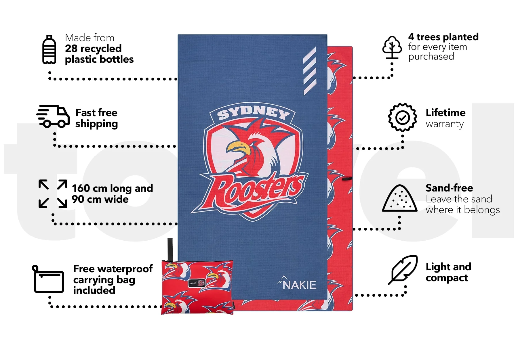 Roosters - NRL Recycled Sand Free Beach Towel - Image 3