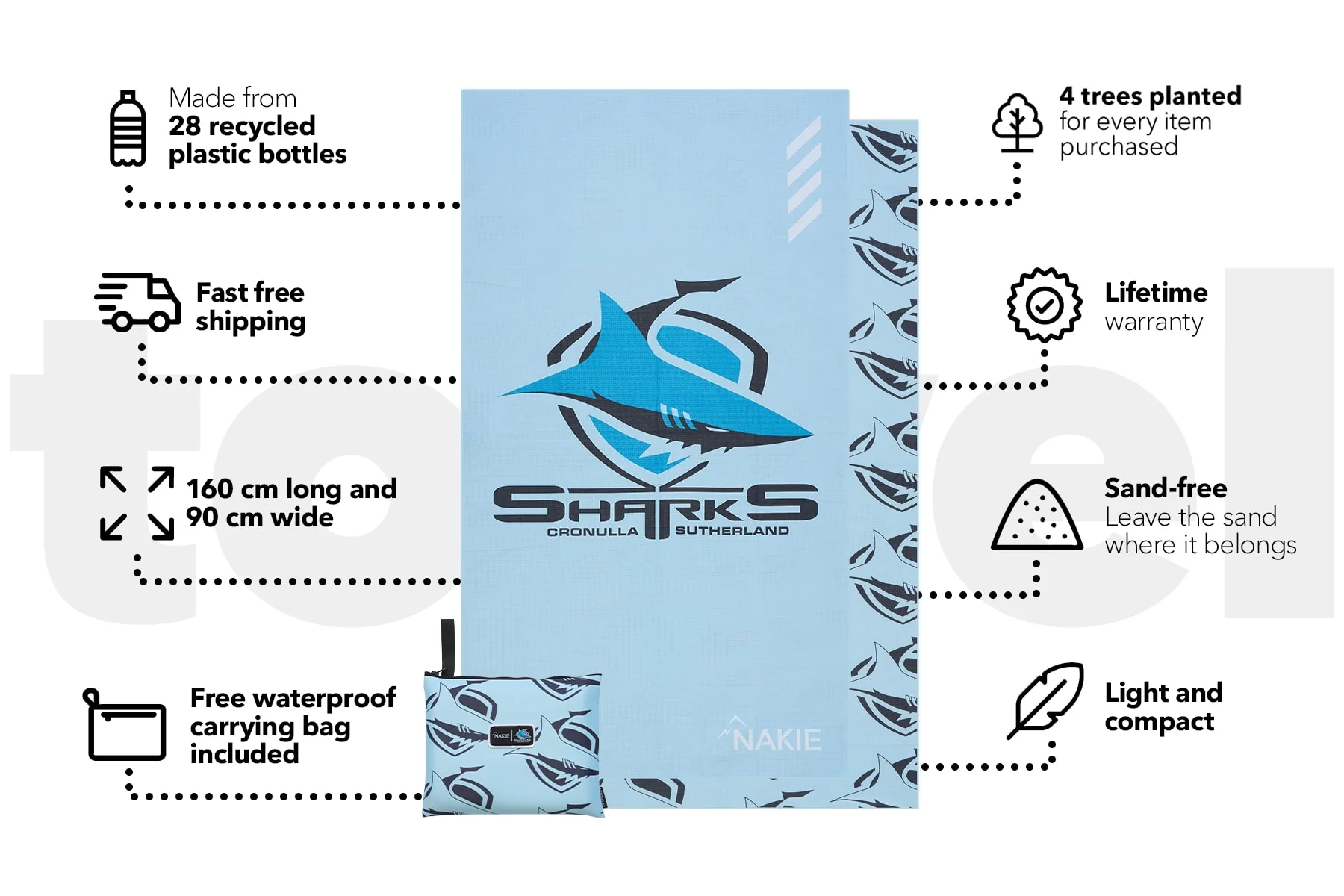 Sharks - NRL Recycled Sand Free Beach Towel - Image 3