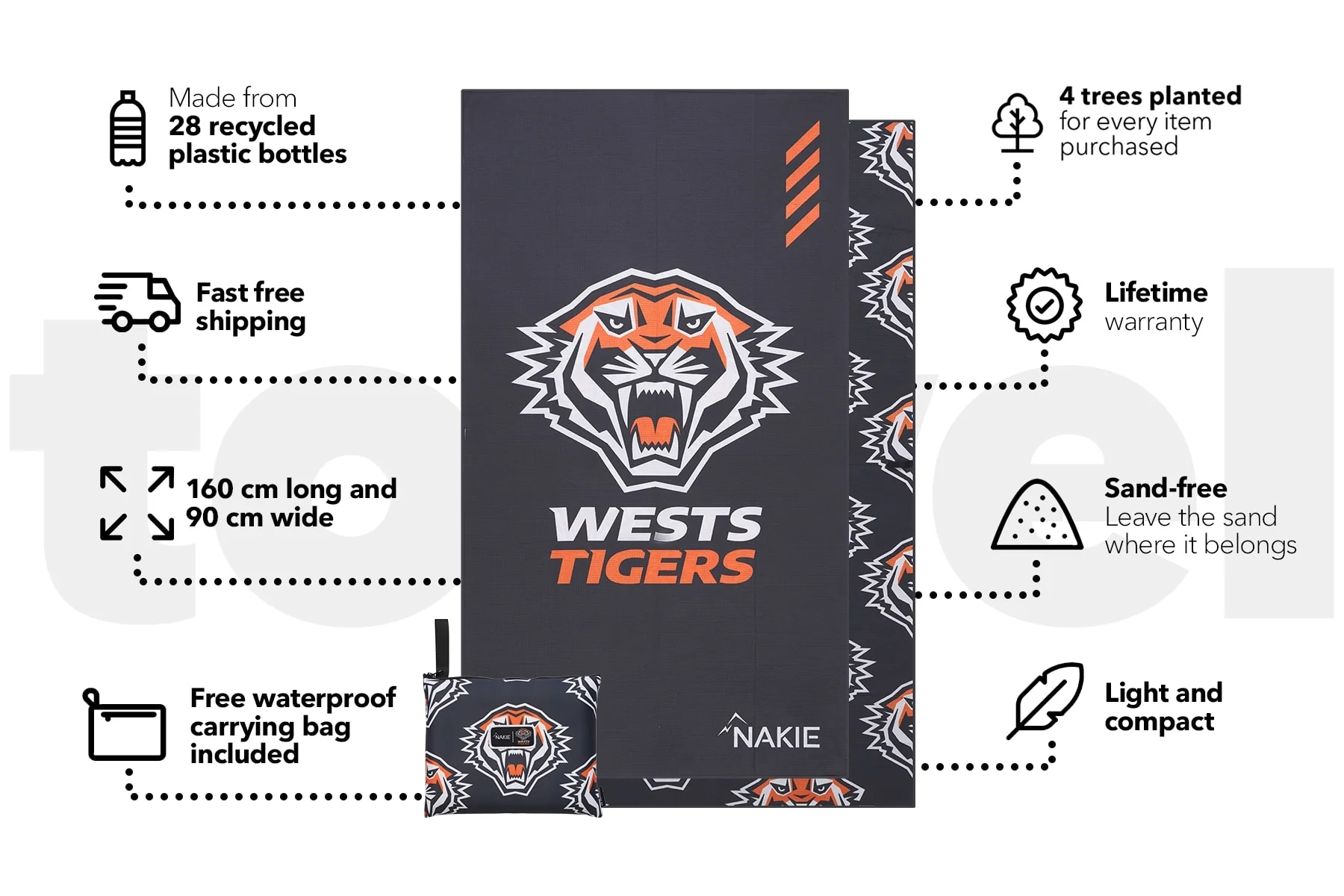 Tigers - NRL Recycled Sand Free Beach Towel - Image 3