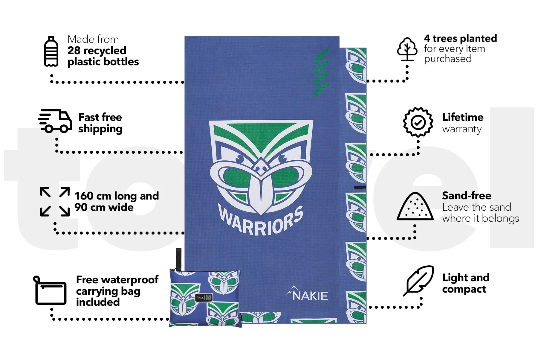 Warriors - NRL Recycled Sand Free Beach Towel - Image 3